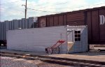 Old container repurposed into storage building